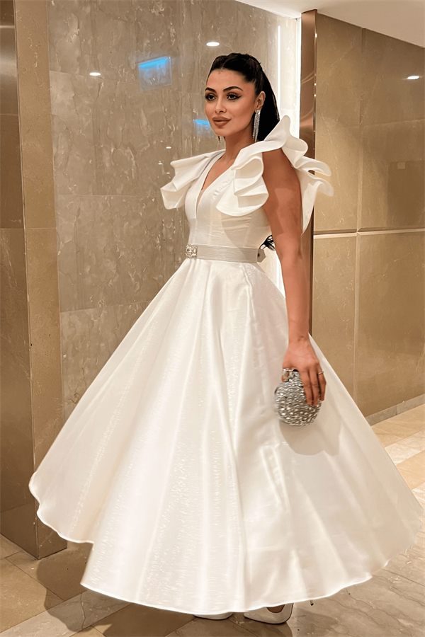 Tafta Kumaş Omuz Volanlı Midi Boy Elbise - BEYAZ - 2