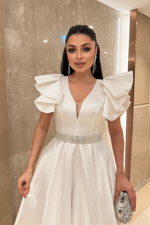 Tafta Kumaş Omuz Volanlı Midi Boy Elbise - BEYAZ - 3