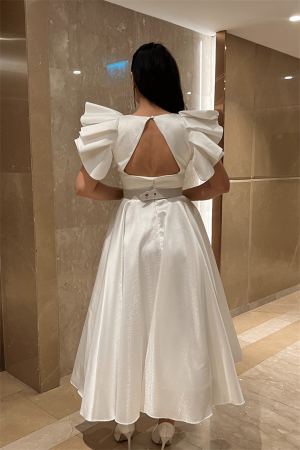 Tafta Kumaş Omuz Volanlı Midi Boy Elbise - BEYAZ - 5