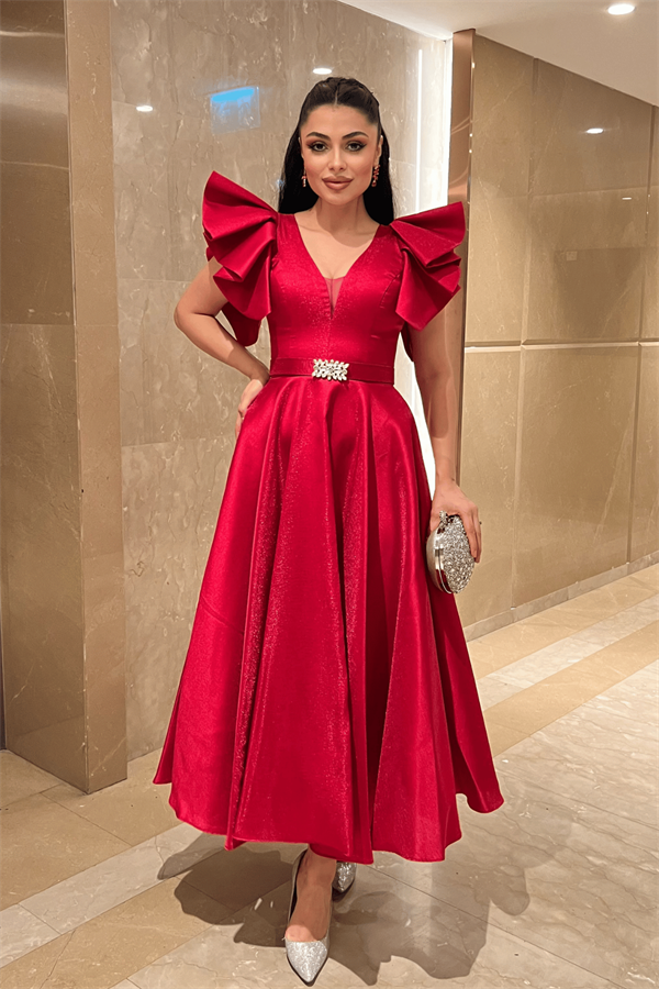 Tafta Kumaş Omuz Volanlı Midi Boy Elbise - KIRMIZI - 1