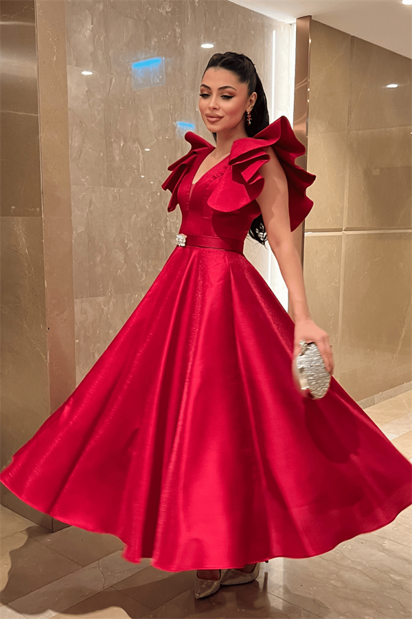 Tafta Kumaş Omuz Volanlı Midi Boy Elbise - KIRMIZI - 2