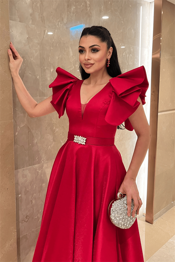 Tafta Kumaş Omuz Volanlı Midi Boy Elbise - KIRMIZI - 3