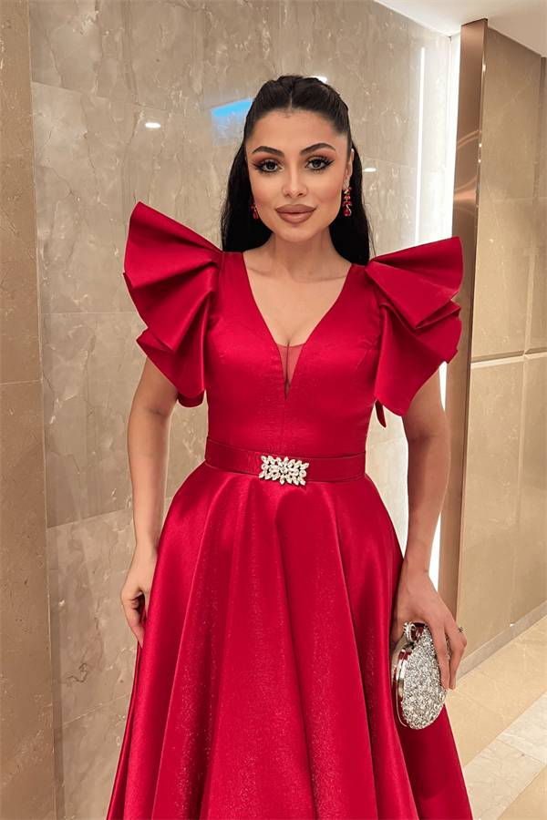 Tafta Kumaş Omuz Volanlı Midi Boy Elbise - KIRMIZI - 4