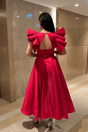 Tafta Kumaş Omuz Volanlı Midi Boy Elbise - KIRMIZI - 5