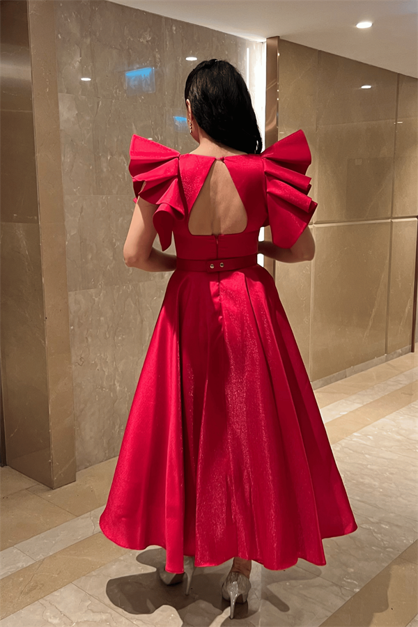 Tafta Kumaş Omuz Volanlı Midi Boy Elbise - KIRMIZI - 5