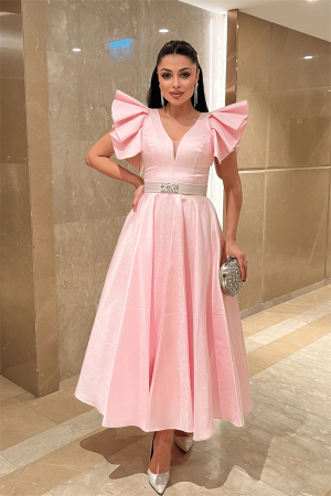 Tafta Kumaş Omuz Volanlı Midi Boy Elbise - PUDRA - EİPOM