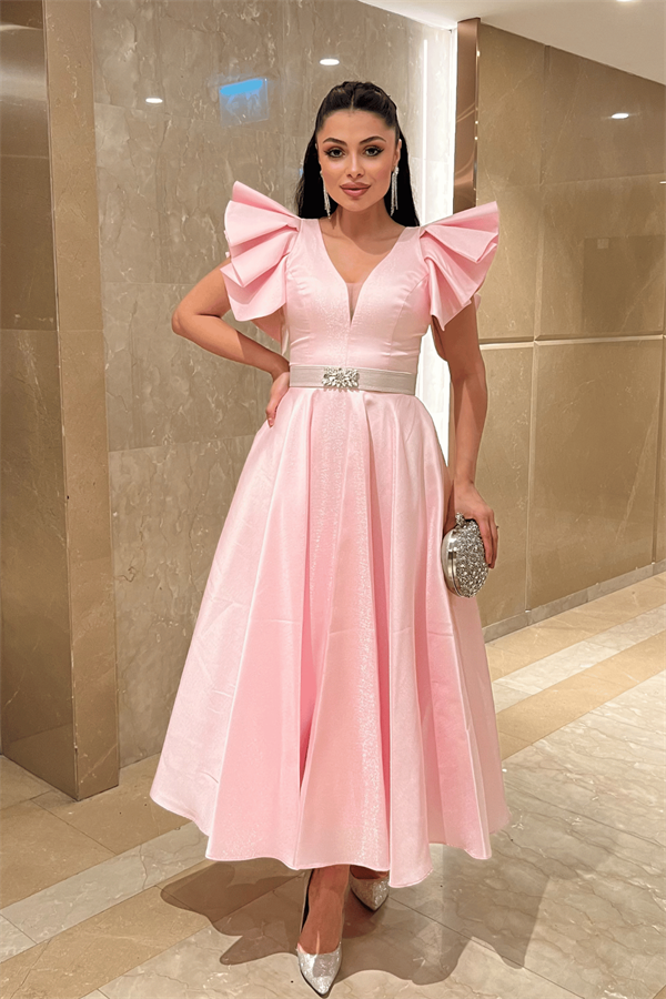 Tafta Kumaş Omuz Volanlı Midi Boy Elbise - PUDRA - 1