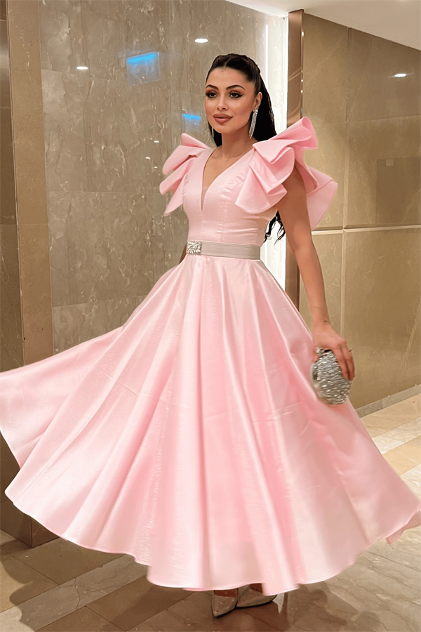 Tafta Kumaş Omuz Volanlı Midi Boy Elbise - PUDRA - 2