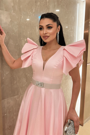 Tafta Kumaş Omuz Volanlı Midi Boy Elbise - PUDRA - 3