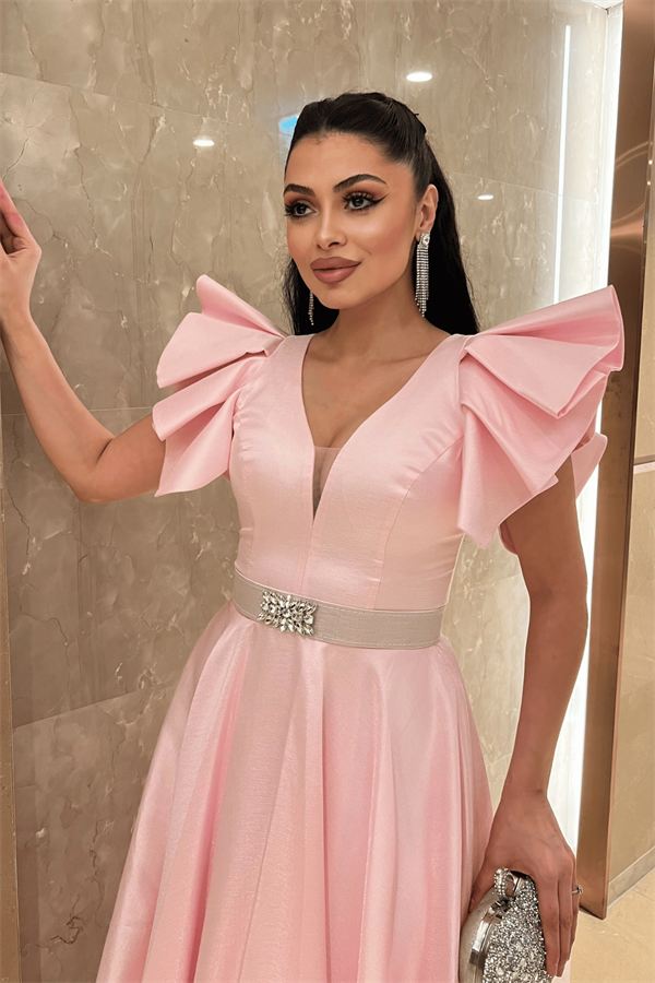 Tafta Kumaş Omuz Volanlı Midi Boy Elbise - PUDRA - 3