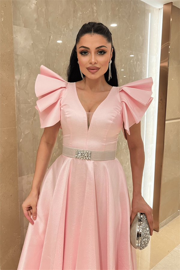 Tafta Kumaş Omuz Volanlı Midi Boy Elbise - PUDRA - 4