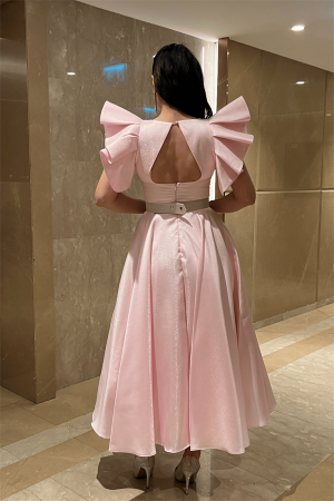 Tafta Kumaş Omuz Volanlı Midi Boy Elbise - PUDRA - 5