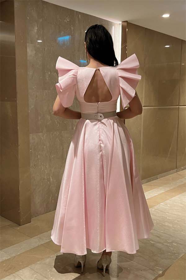 Tafta Kumaş Omuz Volanlı Midi Boy Elbise - PUDRA - 5