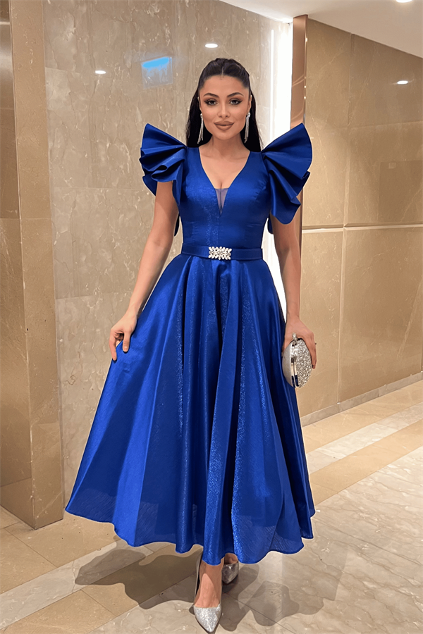 Tafta Kumaş Omuz Volanlı Midi Boy Elbise - SAKS MAVİ - 1