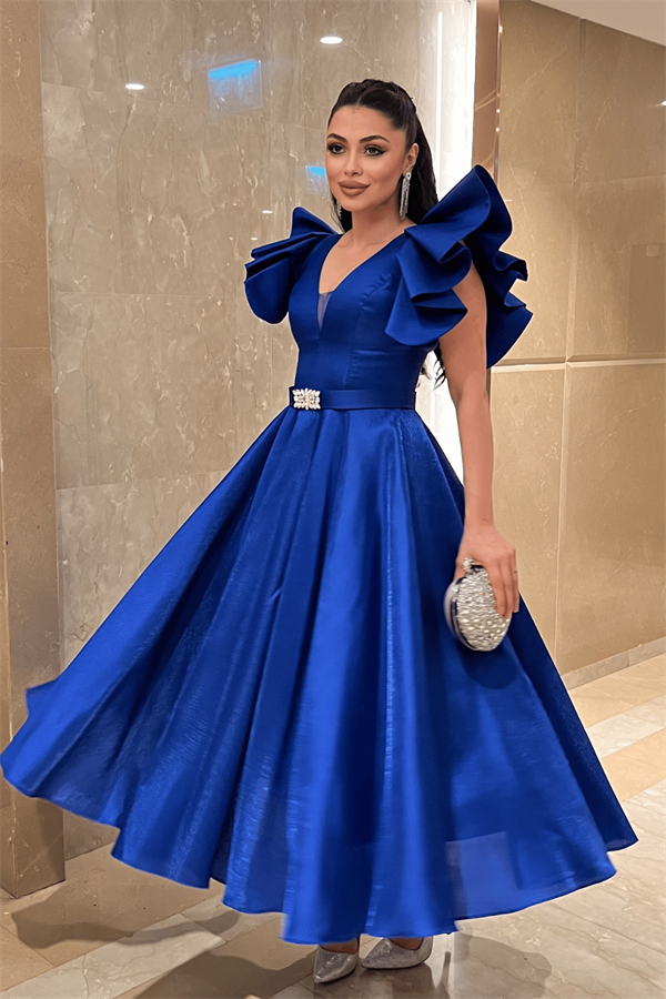 Tafta Kumaş Omuz Volanlı Midi Boy Elbise - SAKS MAVİ - 2