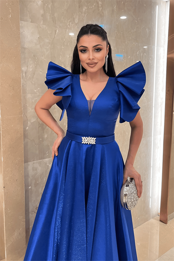 Tafta Kumaş Omuz Volanlı Midi Boy Elbise - SAKS MAVİ - 3