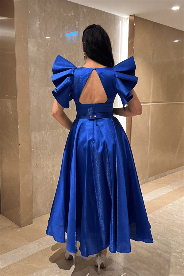 Tafta Kumaş Omuz Volanlı Midi Boy Elbise - SAKS MAVİ - 5