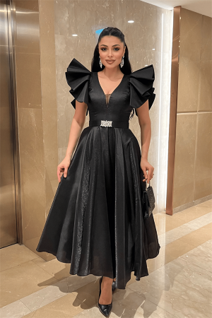 Tafta Kumaş Omuz Volanlı Midi Boy Elbise - SİYAH - EİPOM