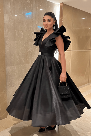 Tafta Kumaş Omuz Volanlı Midi Boy Elbise - SİYAH - EİPOM (1)