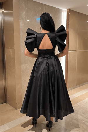 Tafta Kumaş Omuz Volanlı Midi Boy Elbise - SİYAH - 5