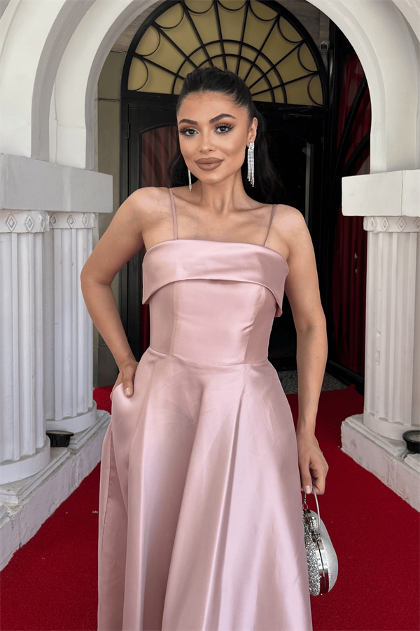 Tafta Saten Kumaş Askılı Abiye Elbise - KREM - 3