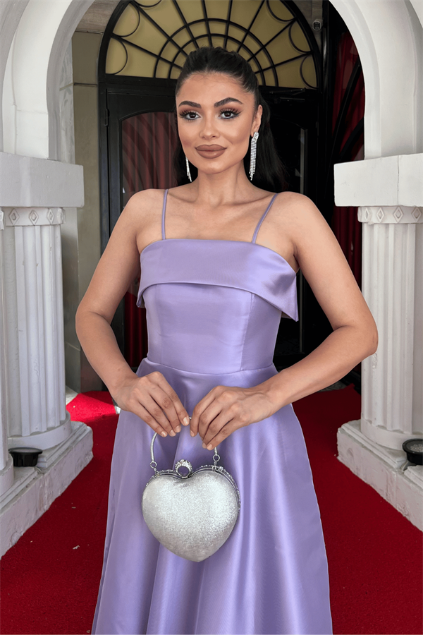 Tafta Saten Kumaş Askılı Abiye Elbise - LİLA - 4