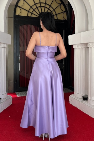 Tafta Saten Kumaş Askılı Abiye Elbise - LİLA - 5