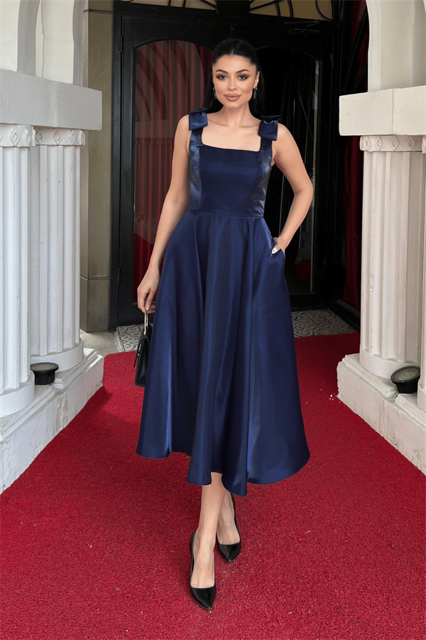 Tafta Saten Kumaş Askılı Cepli Midi Elbise - LACİVERT - 1