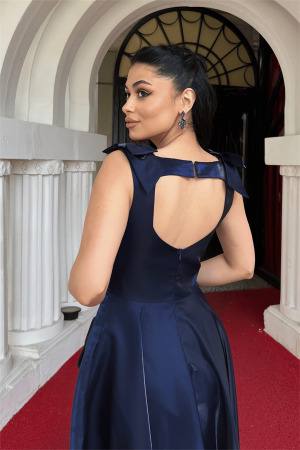 Tafta Saten Kumaş Askılı Cepli Midi Elbise - LACİVERT - 4