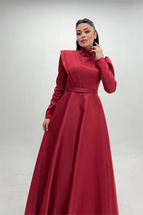 Tafta Saten Kumaş Gren Detaylı Abiye Elbise - BORDO - 1