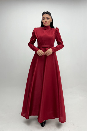 Tafta Saten Kumaş Gren Detaylı Abiye Elbise - BORDO - 2