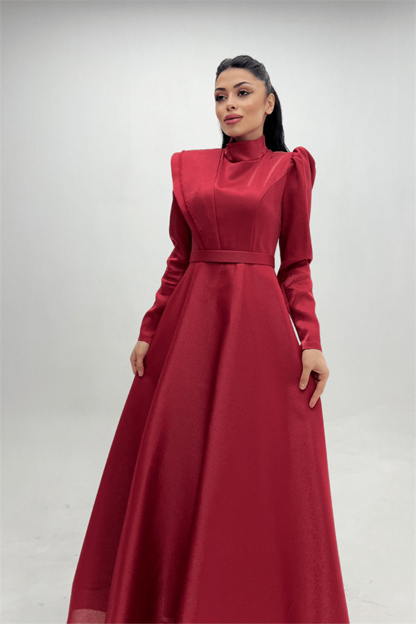 Tafta Saten Kumaş Gren Detaylı Abiye Elbise - BORDO - 3