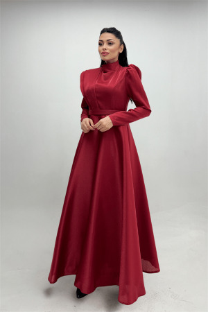 Tafta Saten Kumaş Gren Detaylı Abiye Elbise - BORDO - 4