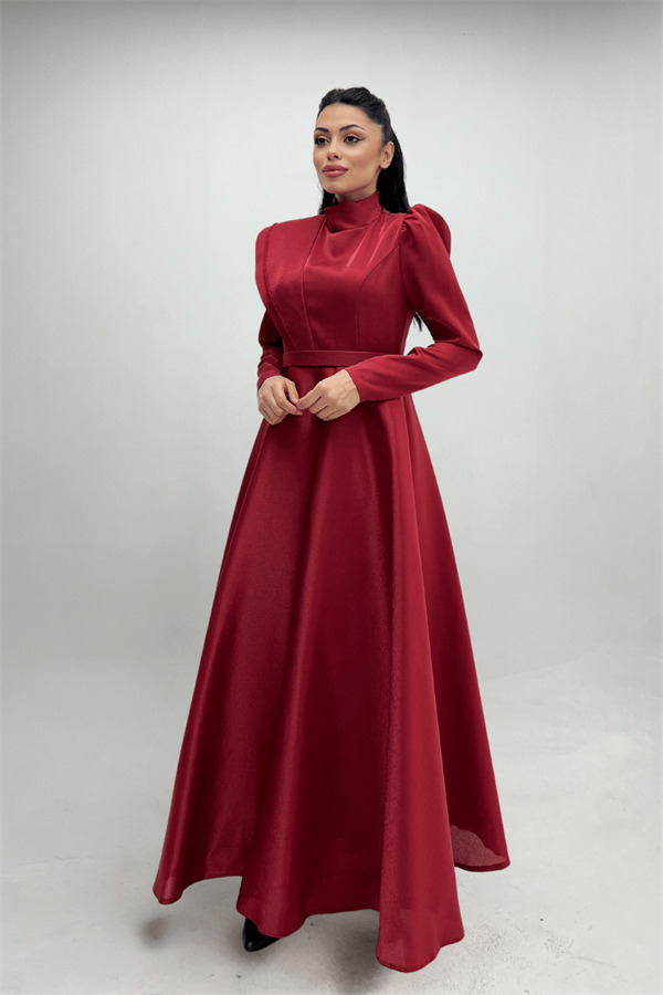 Tafta Saten Kumaş Gren Detaylı Abiye Elbise - BORDO - 4