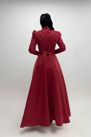 Tafta Saten Kumaş Gren Detaylı Abiye Elbise - BORDO - 5