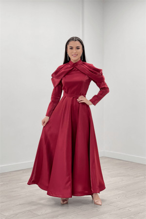 Taffeta Satin Fabric Shoulder Detailed Evening Dress - RED - Angelino Moda