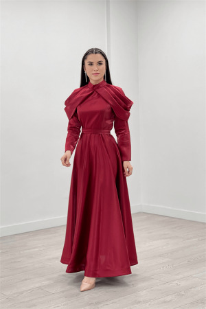 Taffeta Satin Fabric Shoulder Detailed Evening Dress - RED - Angelino Moda (1)
