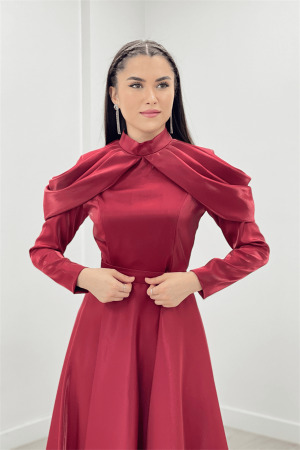 Tafta Saten Kumaş Omuz Detaylı Abiye Elbise - KIRMIZI - 3