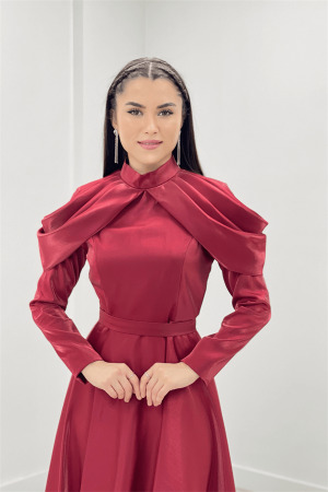 Tafta Saten Kumaş Omuz Detaylı Abiye Elbise - KIRMIZI - 4