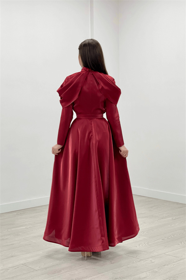 Tafta Saten Kumaş Omuz Detaylı Abiye Elbise - KIRMIZI - 5