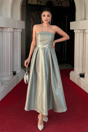 Tafta Saten Kumaş Straplez Midi Elbise - HAKİ YEŞİLİ - Angelino Moda