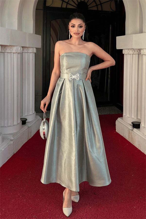 Tafta Saten Kumaş Straplez Midi Elbise - HAKİ YEŞİLİ - 1