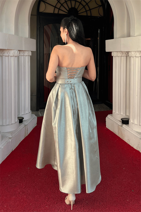 Tafta Saten Kumaş Straplez Midi Elbise - HAKİ YEŞİLİ - 5