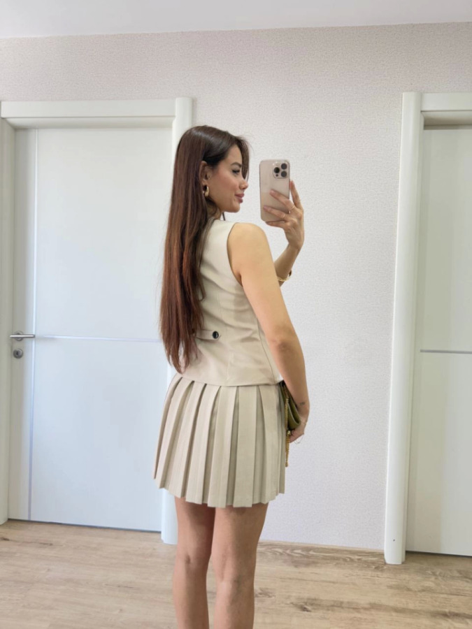Takım Görünümlu Yelekli Mini Elbise- Bej - 3