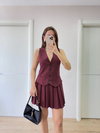 Takım Görünümlu Yelekli Mini Elbise- Bordo - 1