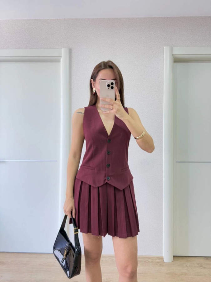 Takım Görünümlu Yelekli Mini Elbise- Bordo - 3