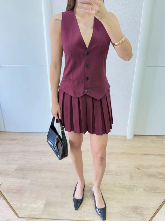 Takım Görünümlu Yelekli Mini Elbise- Bordo - 4