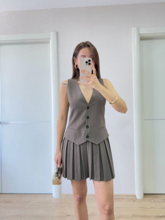 Takım Görünümlu Yelekli Mini Elbise- Füme - 2