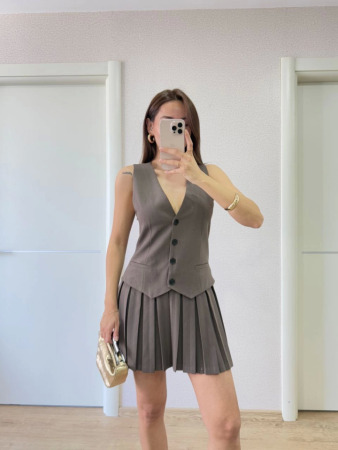 Takım Görünümlu Yelekli Mini Elbise- Füme - 3