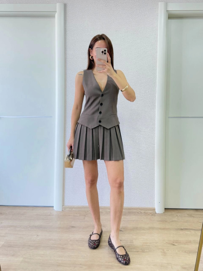 Takım Görünümlu Yelekli Mini Elbise- Füme - 4